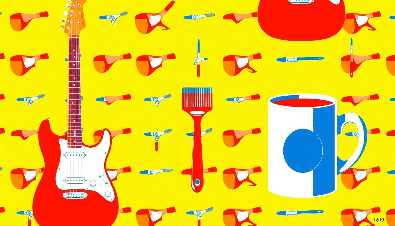 A bold, colorful silkscreen print featuring repeated icons of a guitar, paintbrush, and coffee mug, representing the diverse creative offerings of the 'Go MAD' festival in Madison County.