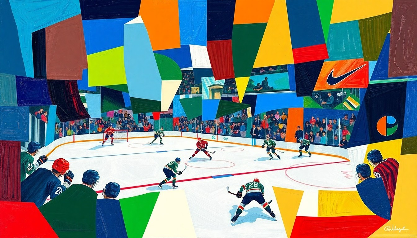 A cubist, geometric painting depicting a fragmented hockey game scene, with sharp planes of color representing the players, ice, and crowd. The abstract style evokes the raw passion and celebratory spirit of NHL teams and their postgame victory songs.