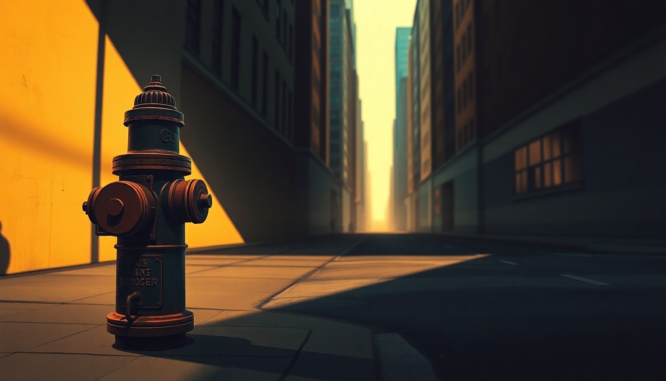 A photorealistic painting of an old, rusted fire hydrant on a quiet, shadowy city street, conveying a sense of civic responsibility and infrastructure maintenance.