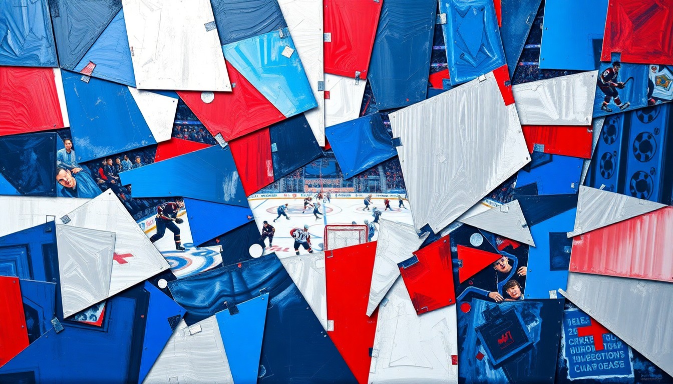 A cubist-style painting depicting a hockey game or match, with the players and action broken down into sharp, overlapping geometric shapes and planes in vibrant colors like deep blue, bright red, and metallic silver, conveying the dynamic and multifaceted nature of the Lightning's play under coach Jon Cooper.