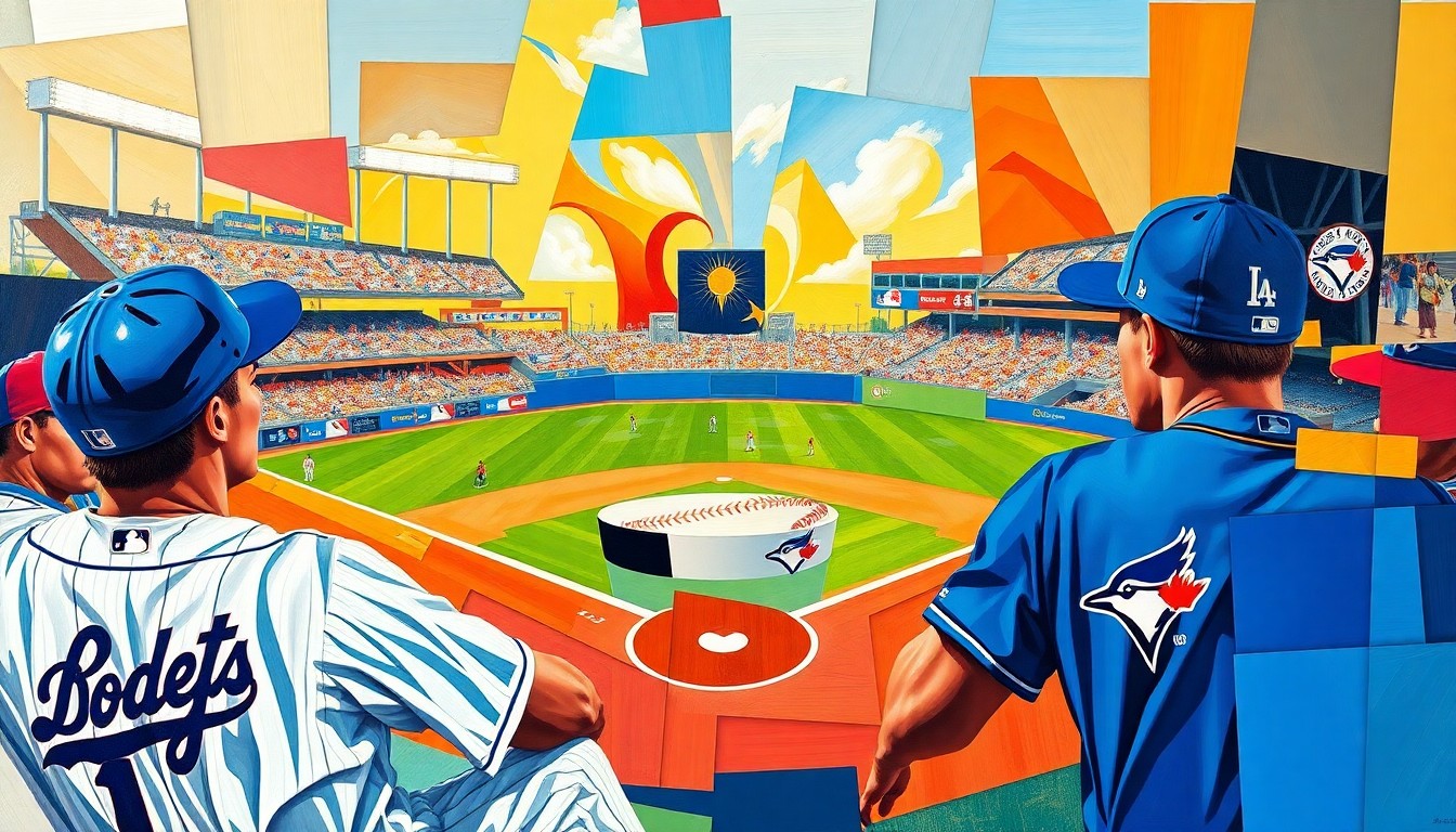 A fragmented, geometric painting in bright blue, red, and white, depicting the dynamic action of a baseball game through Picasso-esque overlapping planes and shapes.