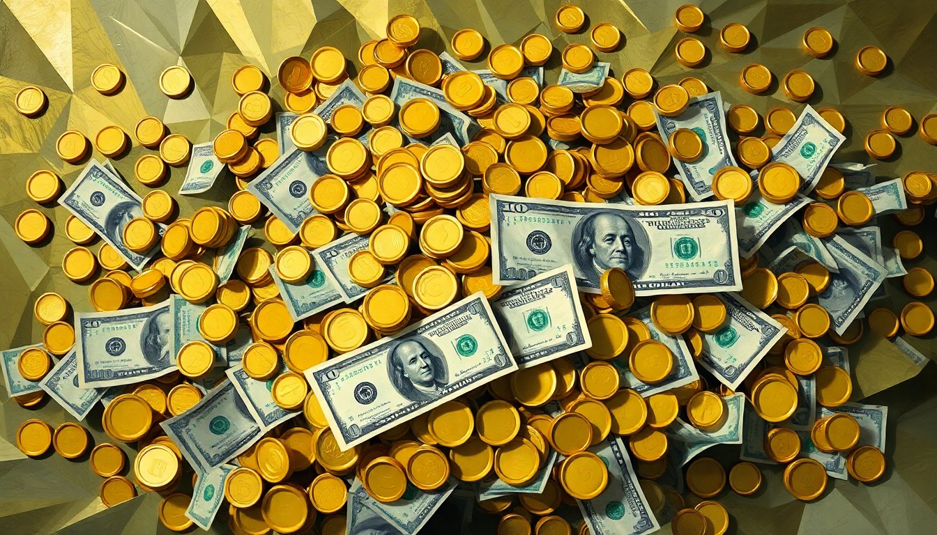 A dynamic, fragmented painting in shades of gold, green, and gray, depicting a pile of money and coins, conceptually representing the flow of billionaire campaign contributions.