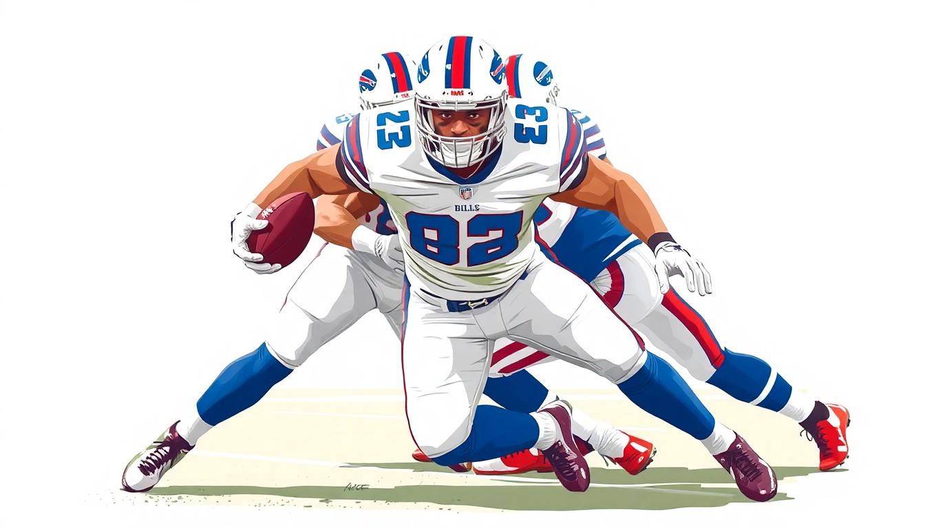 A fractured, multi-perspective painting in the style of Pablo Picasso, breaking down a Bills defensive end disrupting the pocket into sharp, overlapping geometric planes.