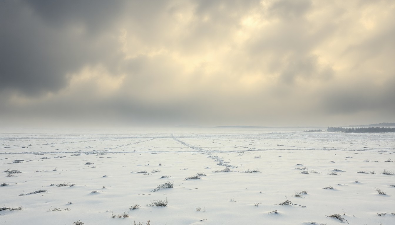 A vast, atmospheric landscape painting in muted tones of gray, white, and blue, depicting a frozen, desolate field under a heavy, overcast sky, conveying a sense of the overwhelming power and melancholy of nature.