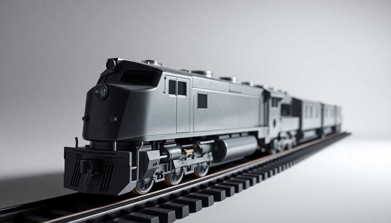 A photorealistic studio still-life featuring a sleek, metallic model train locomotive and track against a clean, monochromatic background, conceptually representing the challenges of large-scale public works projects.