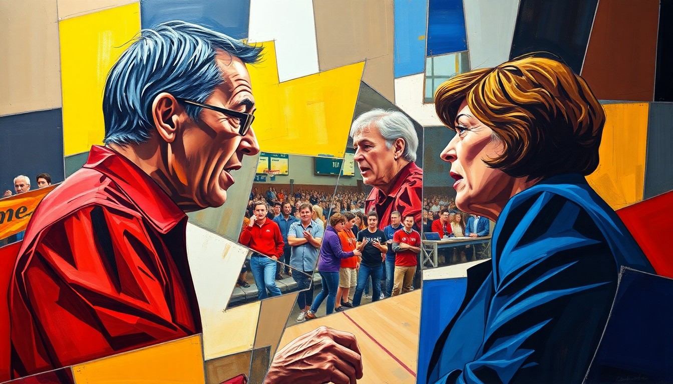 A cubist, geometric painting depicting the confrontation between two basketball coaches, with their figures fractured and abstracted into overlapping planes of color and shape, conveying the emotional intensity of the moment.