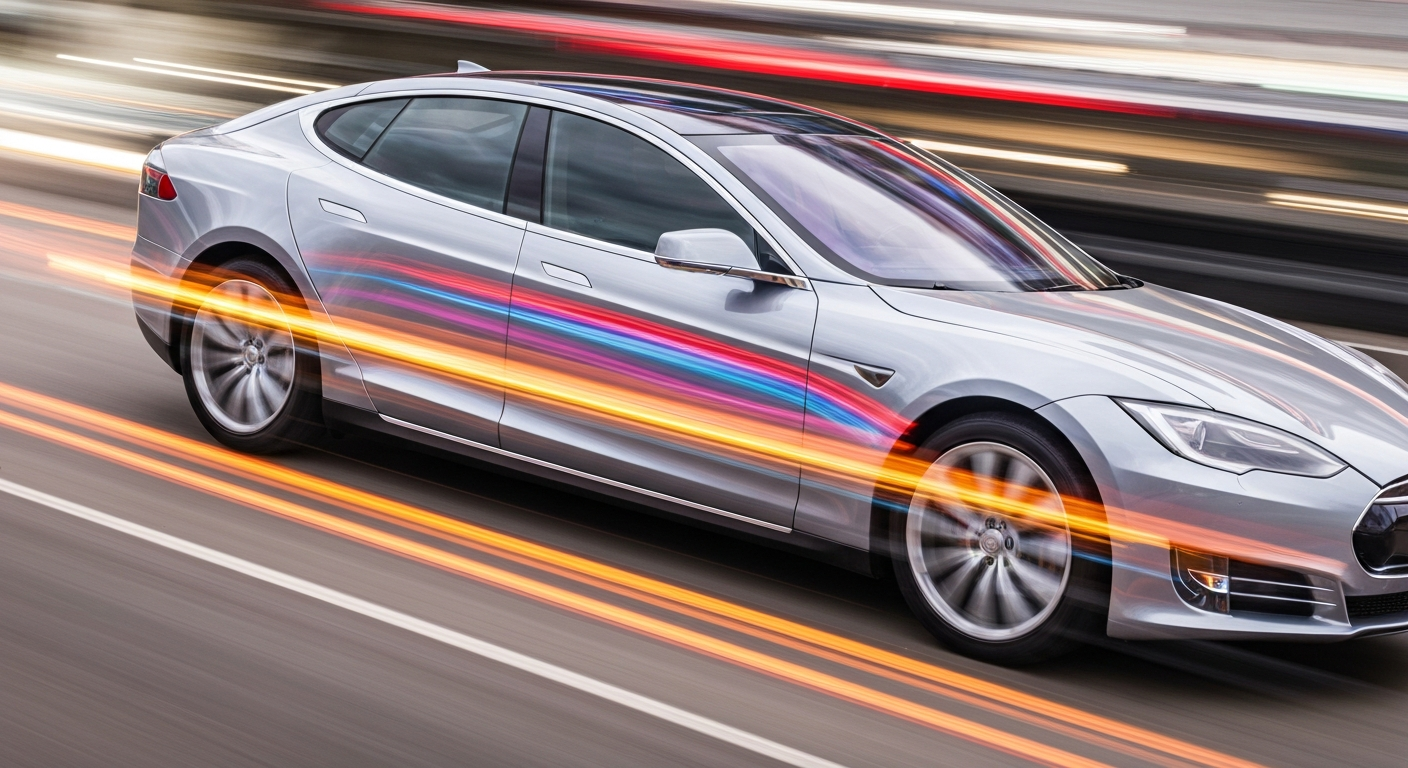 A blurred, abstract image of a Tesla Model S electric vehicle, with streaks of color and motion conveying speed and modern engineering.