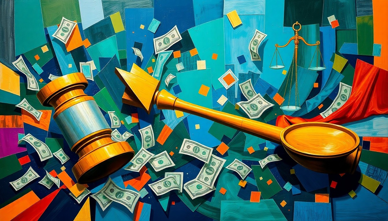 A fractured, geometric painting of justice-themed symbols like a gavel and scales, along with dollar bills, all swirling in a high-energy, chaotic composition conveying the complex, systemic nature of government fraud.
