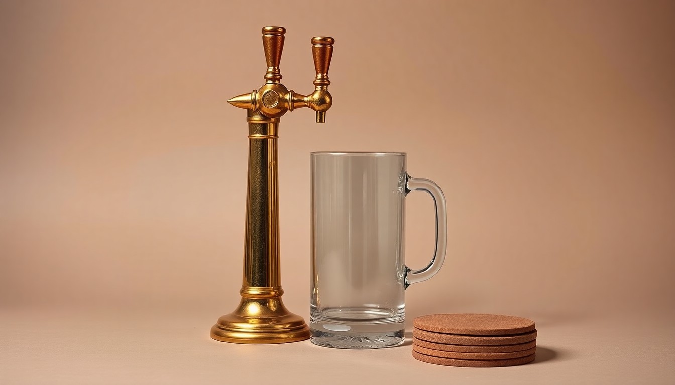 A high-end, photorealistic studio still-life photograph featuring a polished brass beer tap handle, a glass beer stein, and a stack of coasters in muted earth tones, conceptually representing the premium quality and craftsmanship of the newly acquired bar.