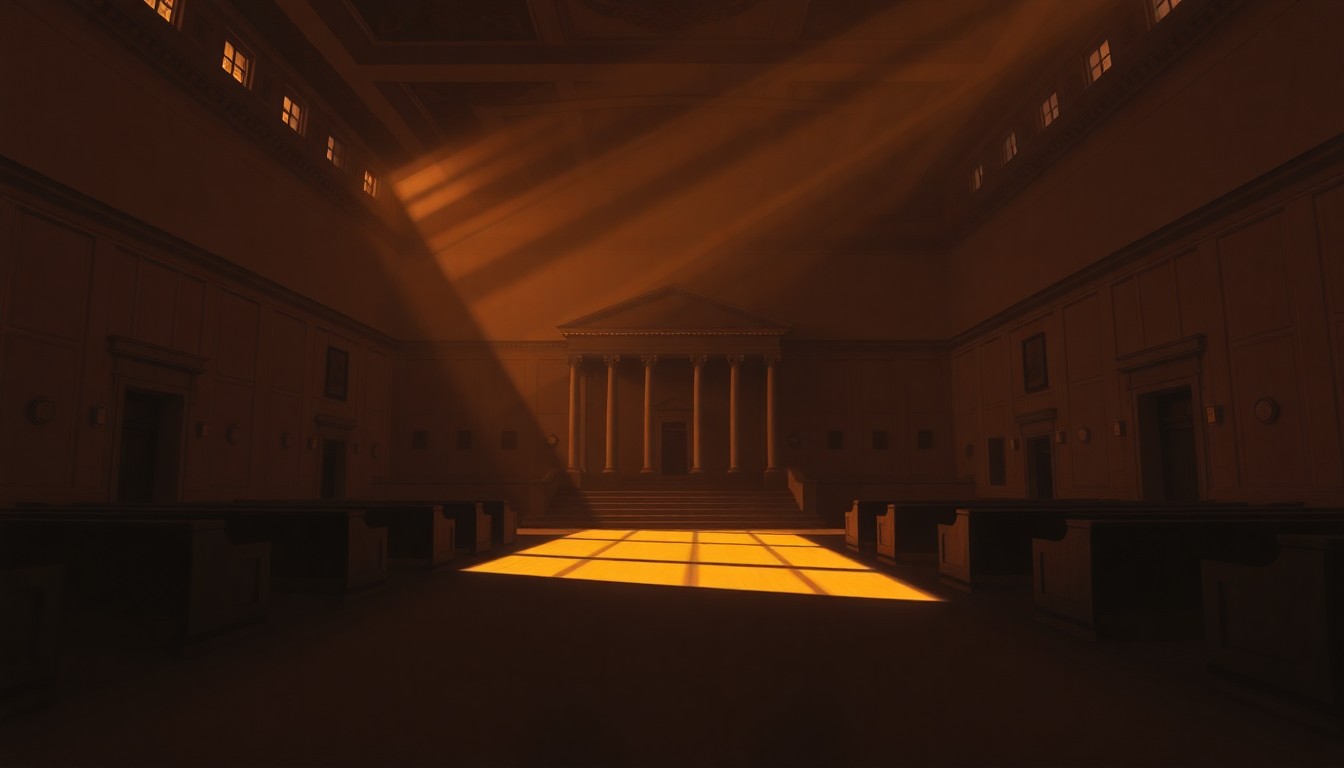 A dimly lit, cinematic painting of a government building or legislative chamber, with warm sunlight streaming in through the windows and deep shadows cast across the scene, conveying a sense of quiet contemplation around the country's tax reform efforts.