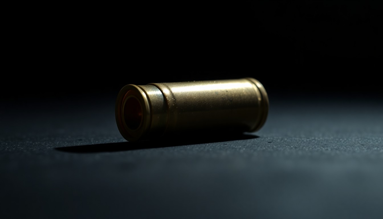 An extreme close-up of a single spent shell casing on a dark surface, the harsh lighting creating a stark, investigative aesthetic that conceptually represents the ongoing challenge of gun crime in the community.