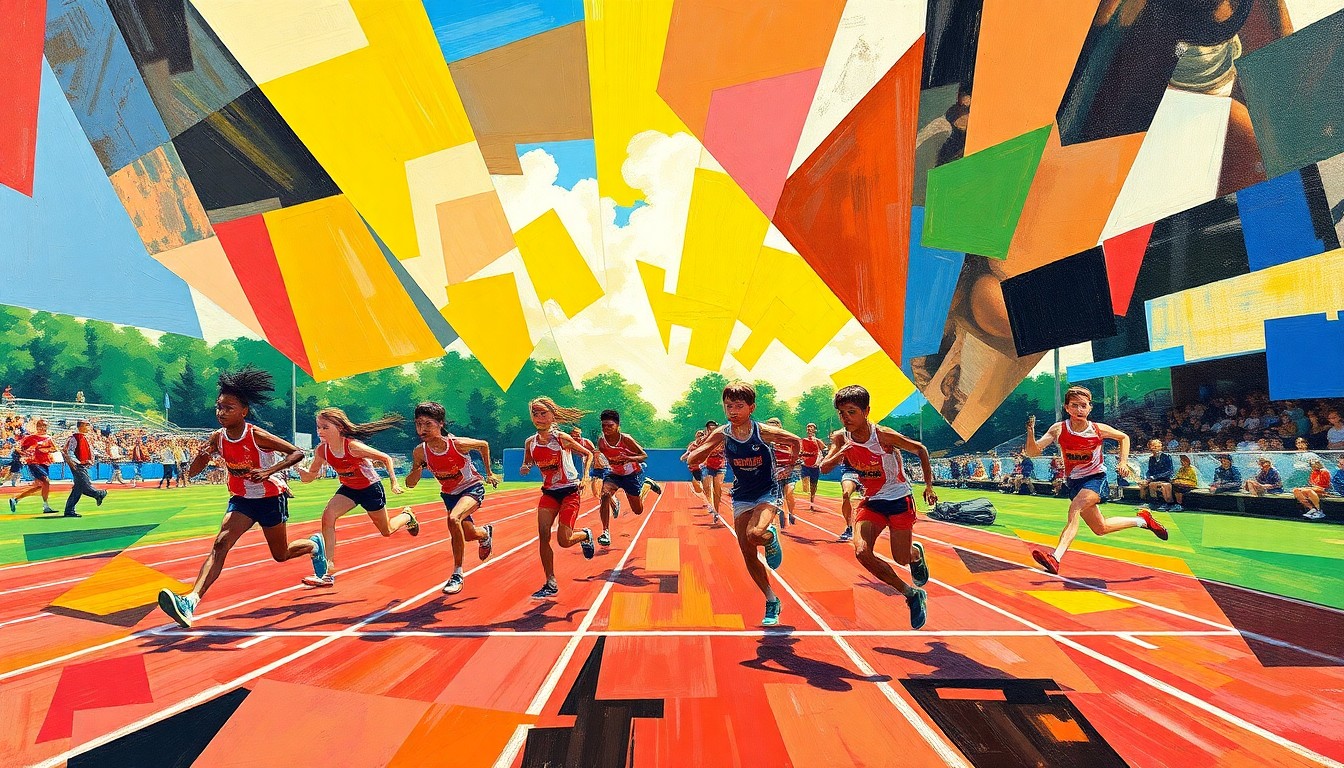 A cubist, geometric painting depicting the dynamic motion and energy of a junior high track and field competition, with vibrant colors representing the competing teams.