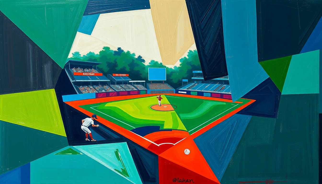 A cubist, geometric painting depicting a softball game in motion, with players and the ball fractured into overlapping planes of navy, green, and red, conveying the dynamic energy of the sport.