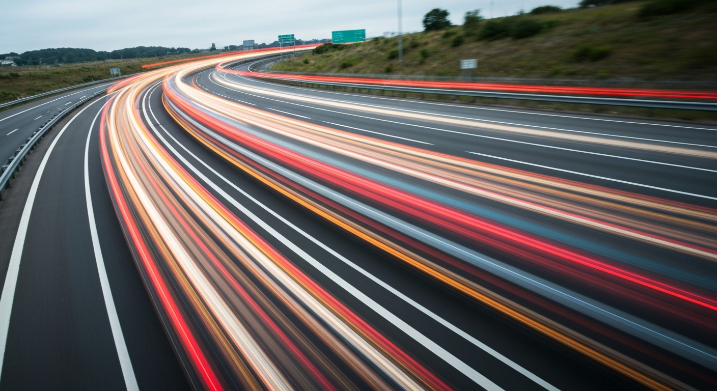 An abstract, colorful image with sweeping, blurred lines representing a speeding car on a highway exit ramp, conveying the urgency and danger of a wrong-way driver situation.