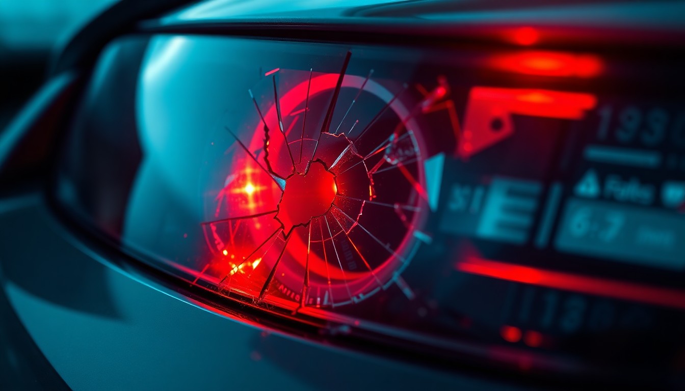 An extreme close-up of a shattered car sensor lens reflecting a faint red light, conceptually illustrating the vandalism of self-driving cars.