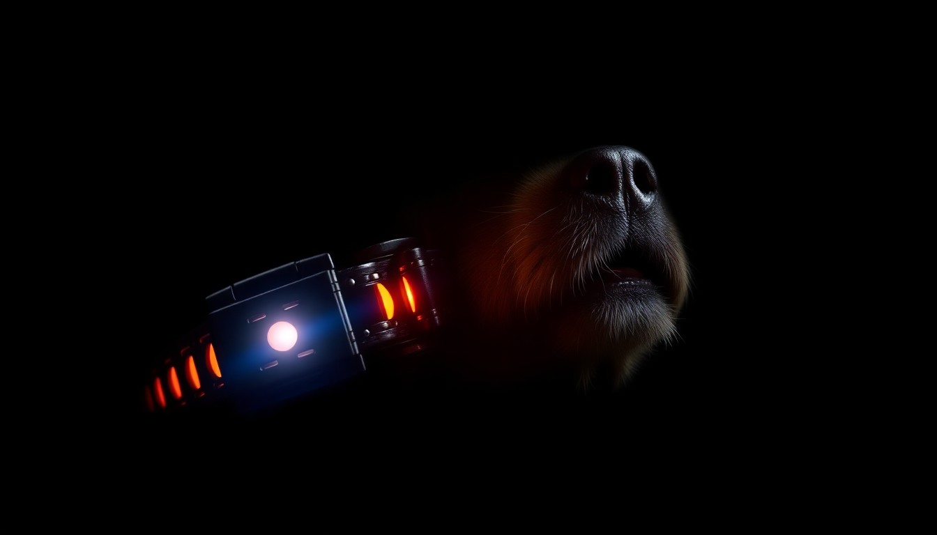 An extreme close-up photograph of a dog collar with a shock mechanism, lit by a harsh camera flash against a pitch-black background, conceptually illustrating the disturbing training methods uncovered at the dog rescue facility.