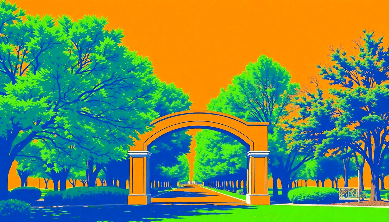 A high-contrast, brightly colored silkscreen print depicting the Sugar House Park entrance arch repeated in a grid pattern, capturing the park's iconic scenery in a modern pop art style.