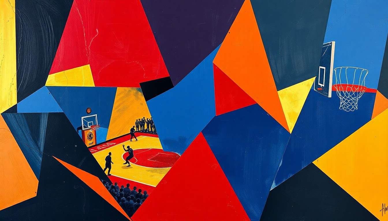 A fractured, cubist-style painting depicting a basketball game broken down into sharp, overlapping geometric shapes in navy, red, and gold, conveying the fragmented state of the UNLV basketball program as it undergoes a major roster rebuild.