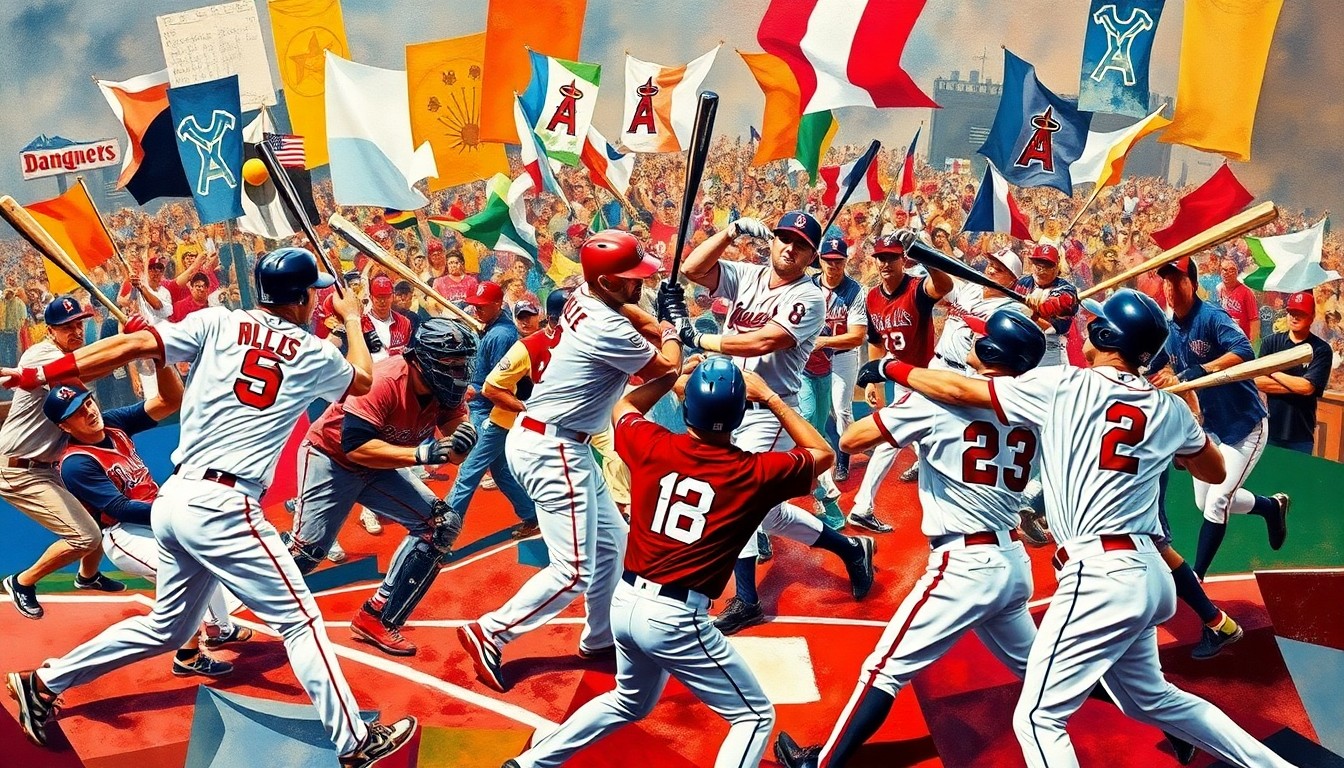 A cubist, geometric painting depicting the chaotic movement and confrontation of a baseball brawl, with fragmented and overlapping shapes representing the players' bodies, bats, and the field.