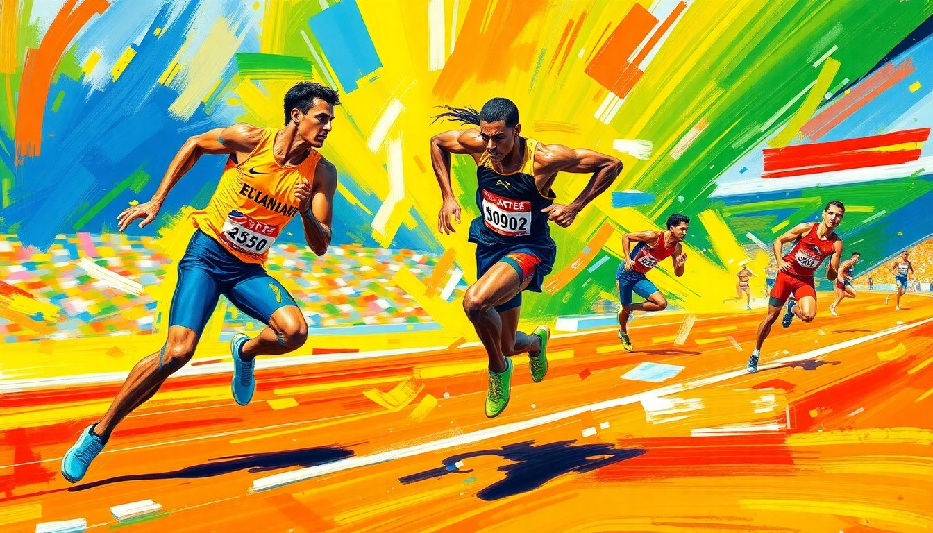 An abstract, textured painting in bright neon colors, capturing the dynamic energy and movement of a track and field competition through expressive brushstrokes.