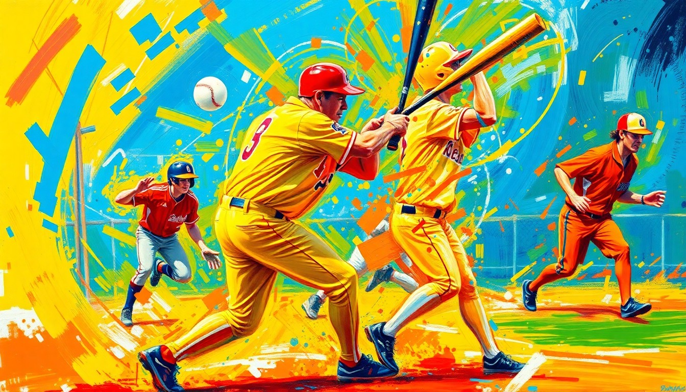 An abstract, textured painting in bright neon colors, with sweeping brushstrokes and indistinct figures, conveying the dynamic energy and motion of a high-intensity softball game.