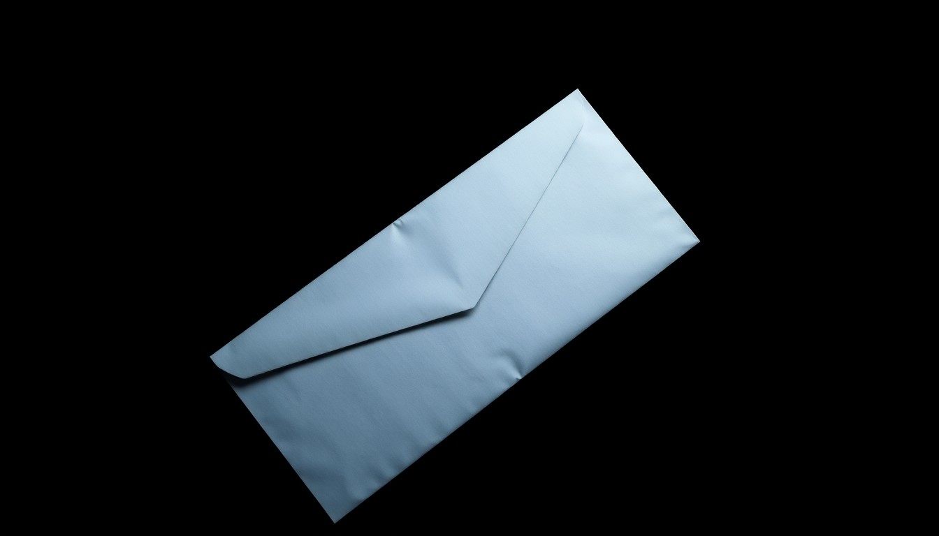 An extreme close-up photograph of a crumpled absentee ballot envelope, lit by a harsh, direct camera flash against a pitch-black background, conceptually illustrating the vulnerability of the voting process.