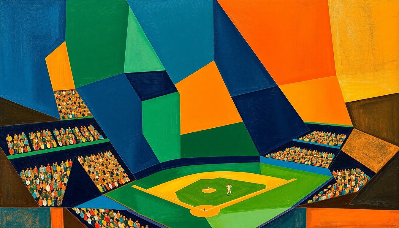 A cubist, geometric painting depicting a baseball game broken down into overlapping planes of navy, green, and orange, conveying the dynamic action and tension of the Reds' late-inning rally.