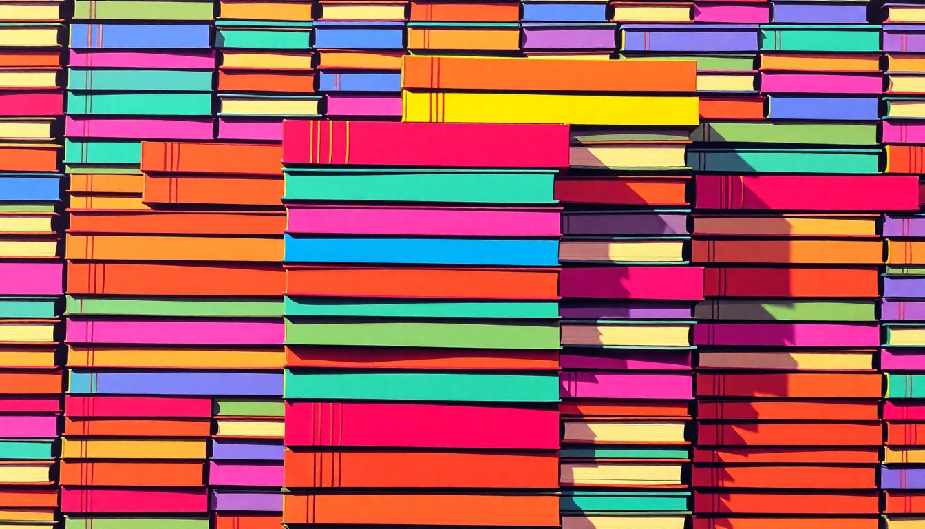 A highly stylized, abstract grid of brightly colored textbooks in shades of neon pink, yellow, and blue, conceptually representing the importance of school funding and educational materials.