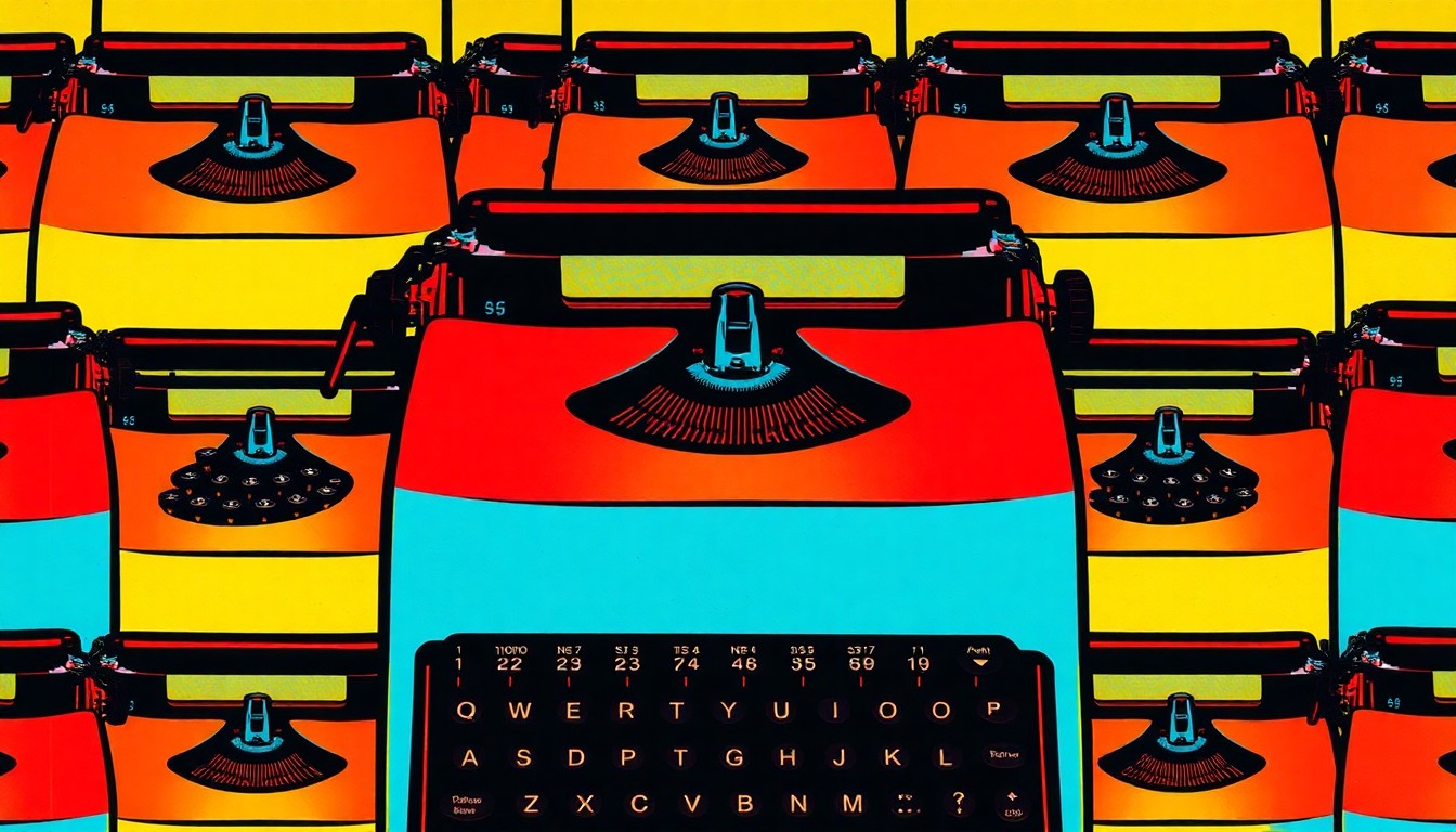 A bold, colorful silkscreen print featuring a vintage typewriter icon repeated in a grid pattern, representing the historic Black newspaper at the center of the story. The image uses vibrant neon colors and heavy black outlines to transform the everyday object into a modern pop art piece.