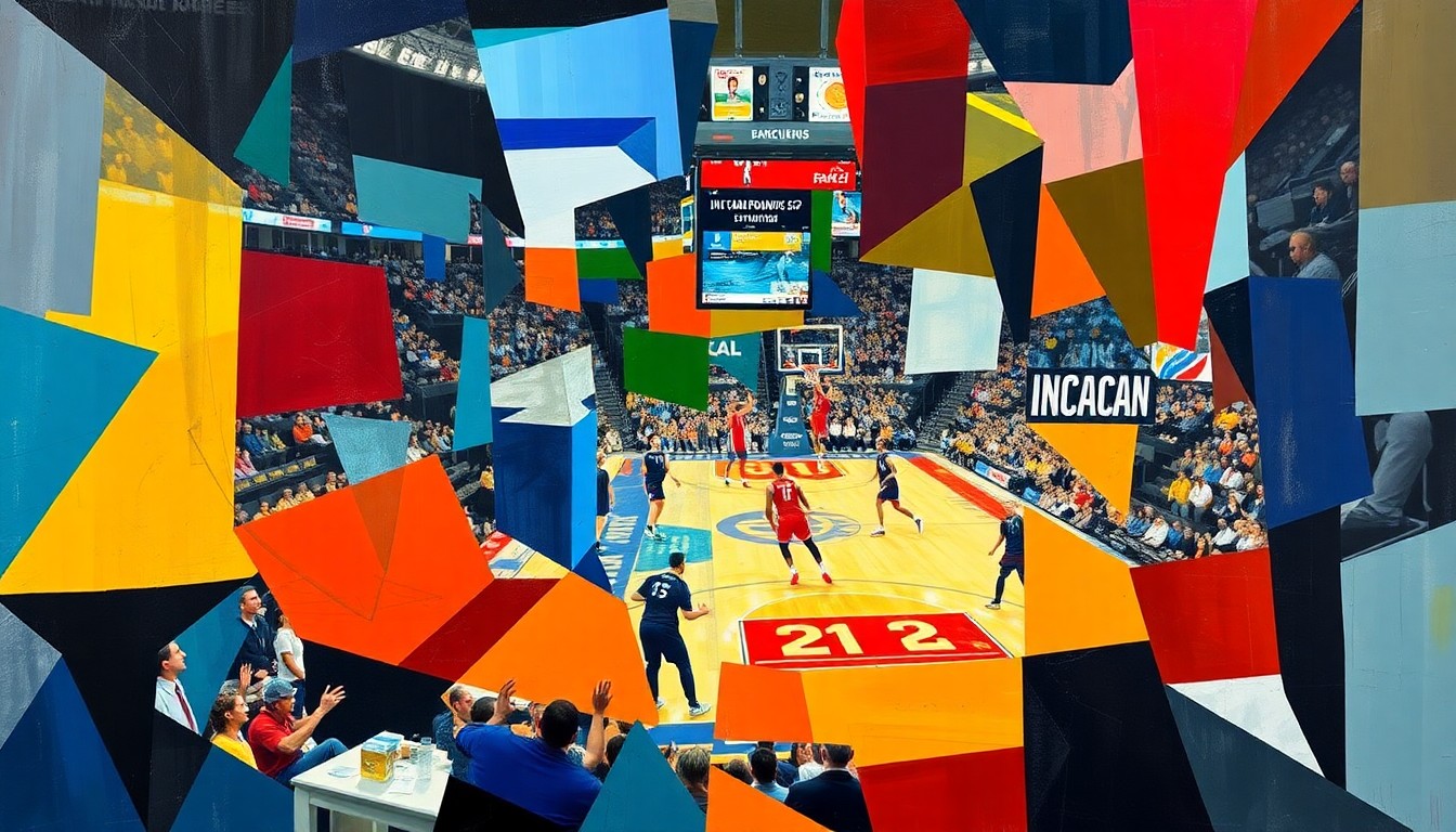 A cubist-style painting depicting the final moments of the NCAA championship game, with fragmented, geometric shapes and planes of color representing the players' movements and the intensity of the competition.