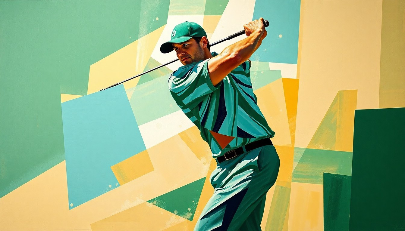A fragmented, geometric painting depicting a golfer's swing motion in a palette of greens, tans, and blues, conveying the dynamic nature of the Masters golf tournament.