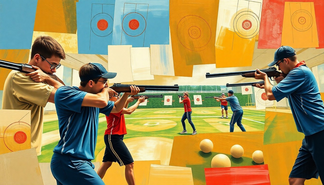 A fragmented, geometric painting depicting the dynamic motion and action of a high school trap shooting competition, with clay targets, shotguns, and athletes rendered in an abstract, cubist style.