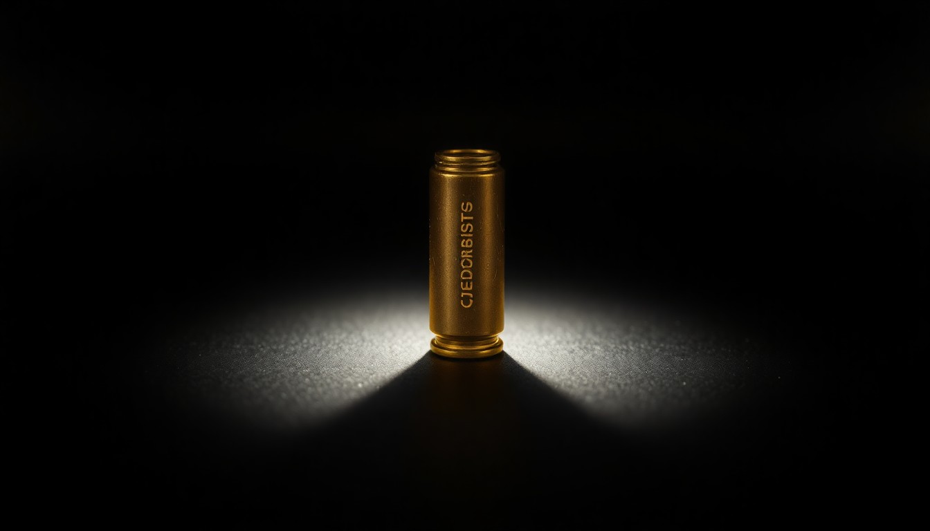 An extreme close-up photograph of a single bullet casing on a dark surface, lit by a harsh, direct camera flash, conceptually illustrating the physical evidence of a violent crime.