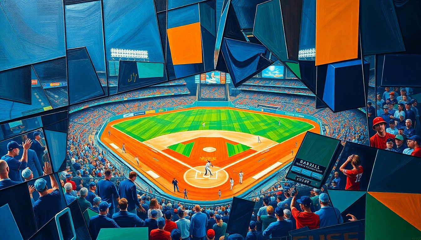 A cubist, geometric painting depicting a baseball game or match, with sharp, overlapping planes of vibrant colors like navy, orange, and green, representing the complex interplay between the Astros' powerful offense and their inconsistent pitching.
