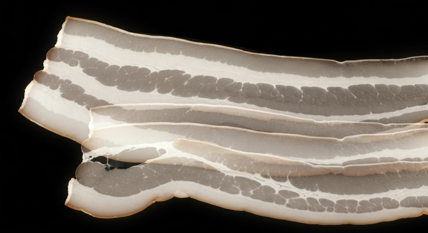 An extreme close-up X-ray photograph revealing the internal structure of packaged turkey bacon as glowing, ghostly lines against a dark background, conceptually illustrating the hidden danger of Listeria contamination.