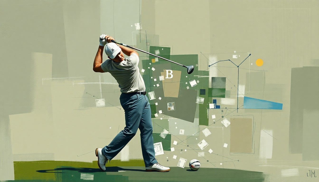 A cubist, geometric painting depicting a golfer's swing broken down into overlapping planes of muted earth tones and flashes of color, conveying the technical precision and mental focus required in the sport.