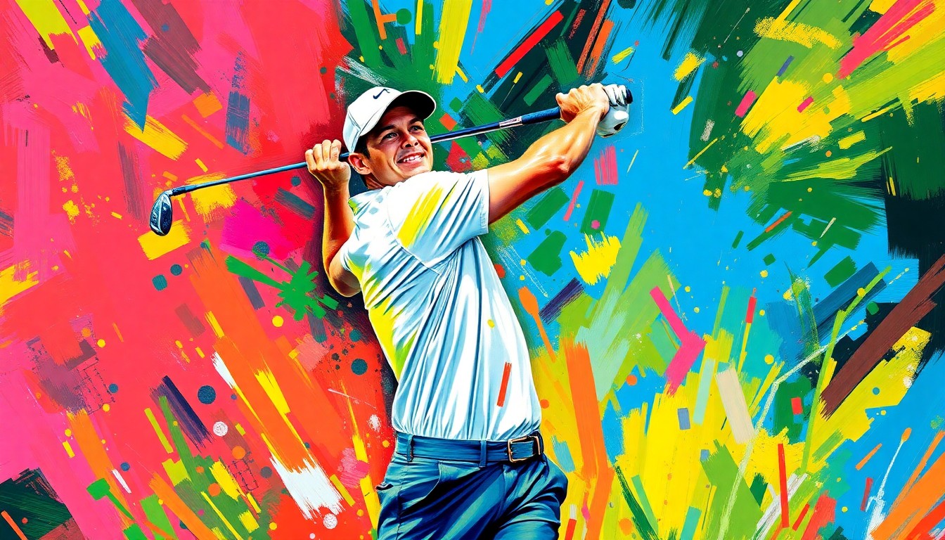 An abstract, energetic painting featuring bold, colorful brushstrokes that capture the dynamic motion and emotion of a golfer's triumphant swing, representing Rory McIlroy's historic Masters win.