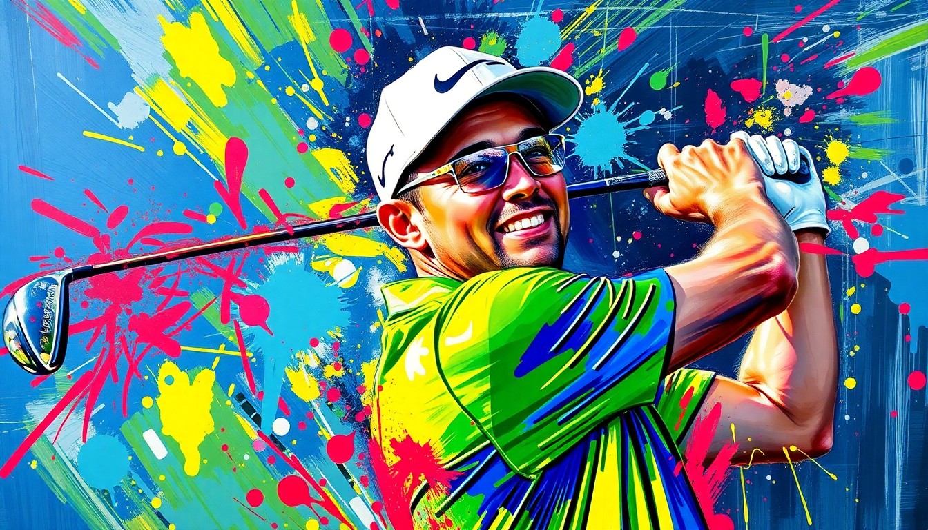 An abstract, expressionist painting in vibrant neon colors depicting the powerful motion of a golfer's swing, with the details dissolved into unrecognizable brushstrokes.
