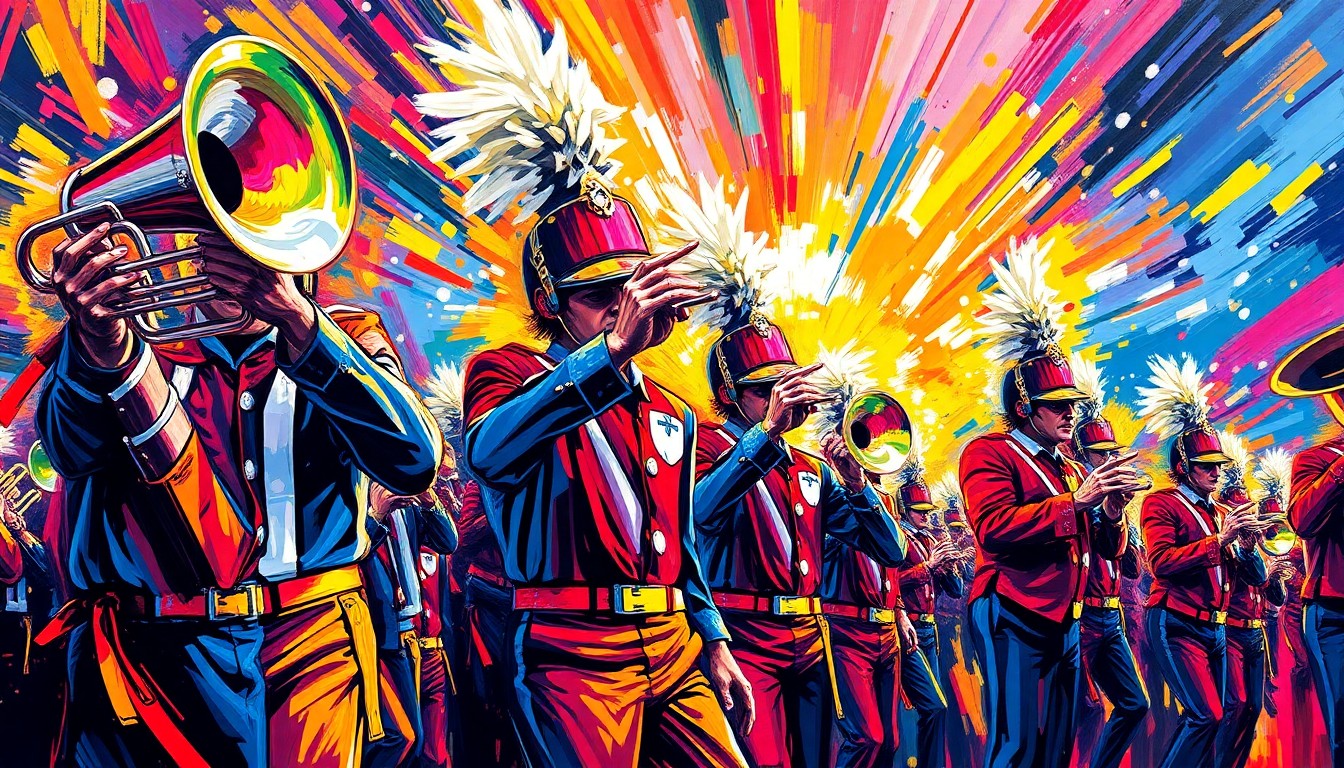 An abstract, energetic painting in neon colors depicting the dynamic movement and energy of a high school marching band performance.