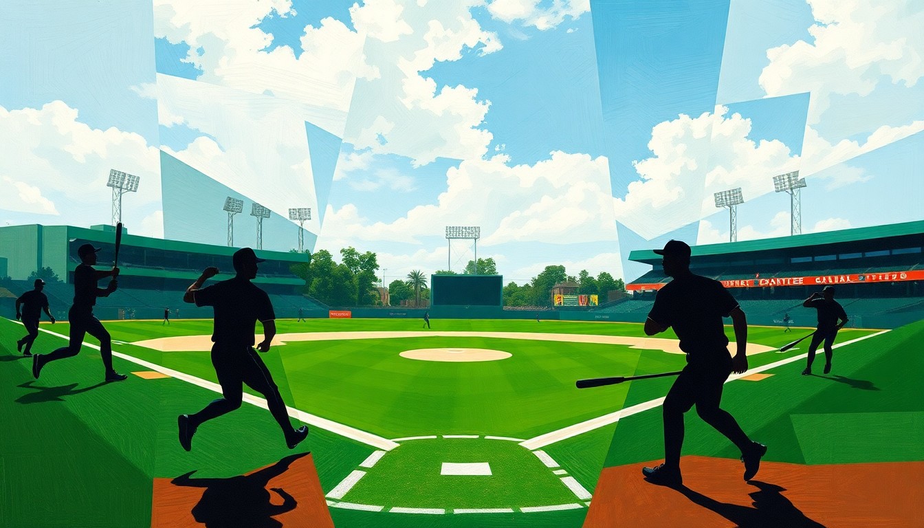 A cubist, geometric painting depicting the chaotic action of a college baseball game, with overlapping planes of green grass, white baselines, and shadowy player silhouettes in motion, conveying the energy and unpredictability of the upset.