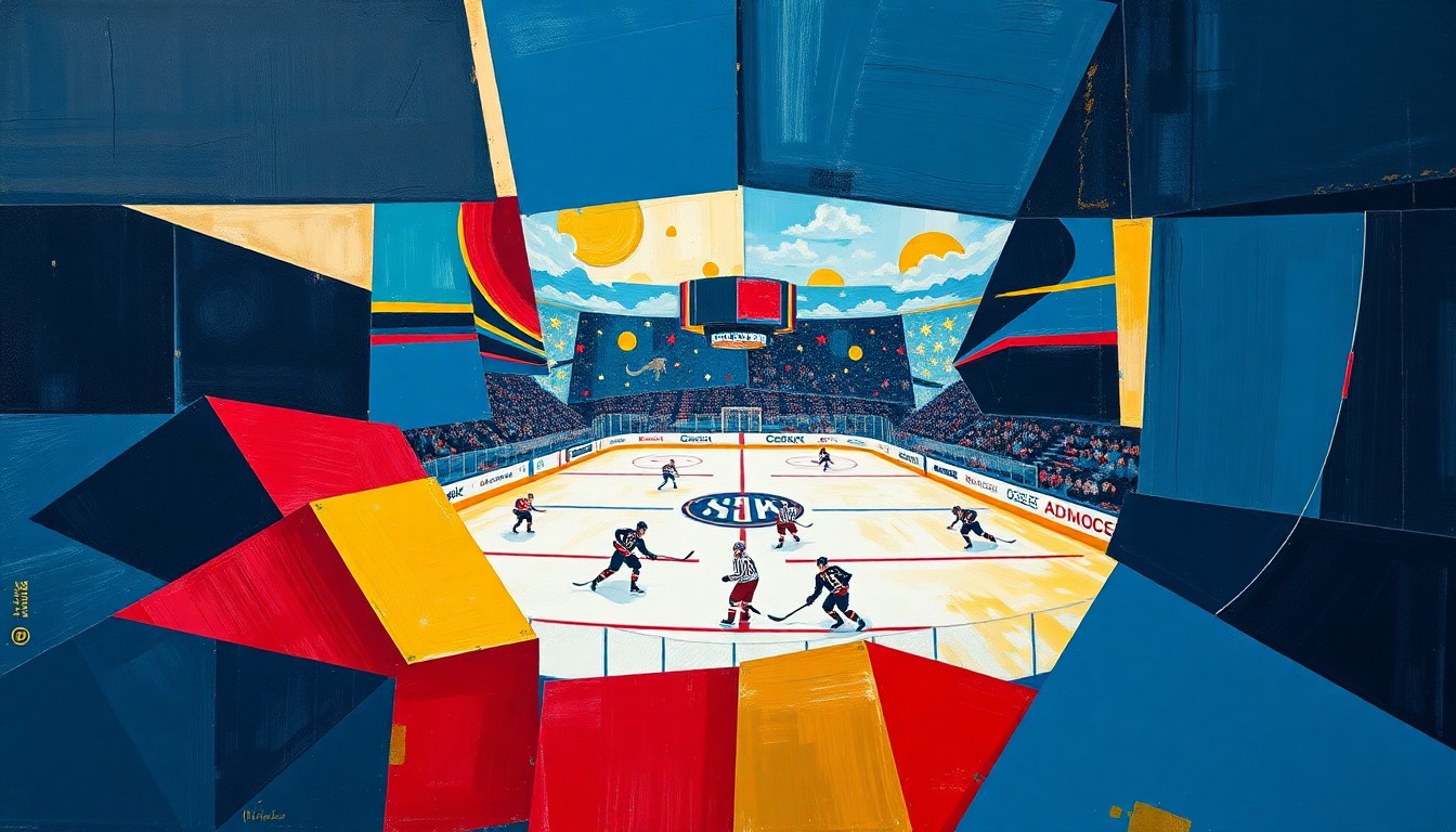 A fractured, cubist-style painting depicting a hockey game, with sharp geometric shapes in navy, red, and gold representing the players, puck, and arena. The abstract composition captures the dynamic action and energy of the match.