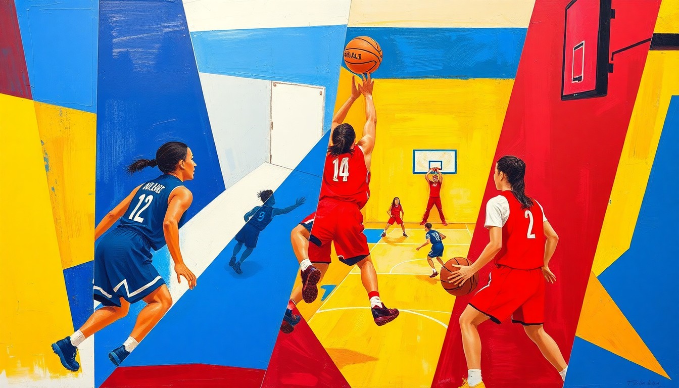 A fragmented, geometric painting depicting a girls basketball game, with sharp planes of blue, red, and yellow overlapping to create a dynamic, abstract composition.