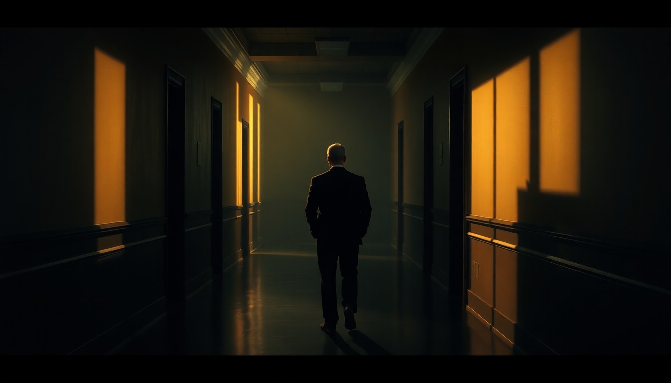 A solitary figure stands alone in a dimly lit government building hallway, bathed in warm, diagonal sunlight and deep shadows, conceptually representing the challenges faced by local leaders in addressing the community impact of federal immigration policies.