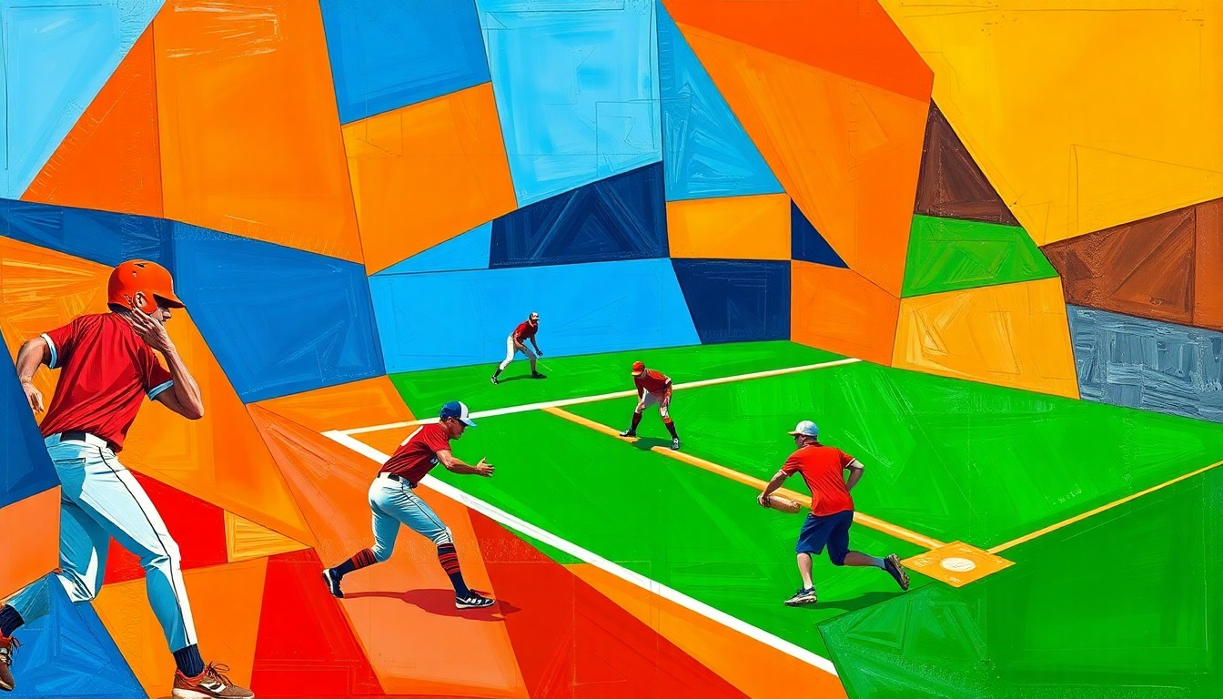 A cubist-style painting featuring fragmented, geometric shapes in bright orange, blue, and green, capturing the dynamic motion and energy of a softball game.