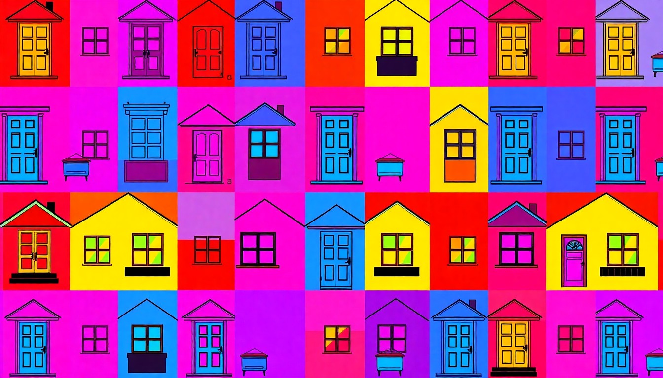 A grid of brightly colored, high-contrast silkscreen icons representing affordable housing, rendered in a bold, abstract pop art style with overlapping neon hues and heavy black outlines, conceptually illustrating the community impact of this new development.