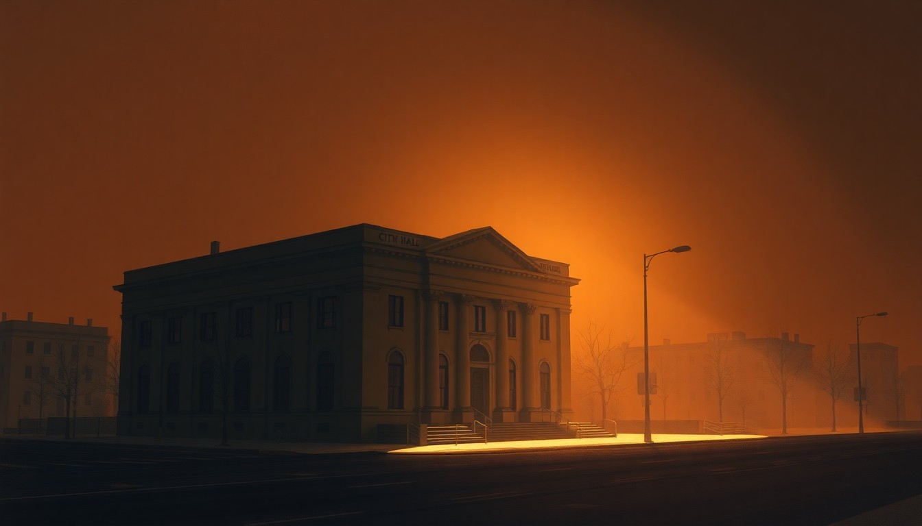 A serene, photorealistic painting of a stately city hall building in warm tones, with dramatic lighting and shadows creating a contemplative, nostalgic mood.