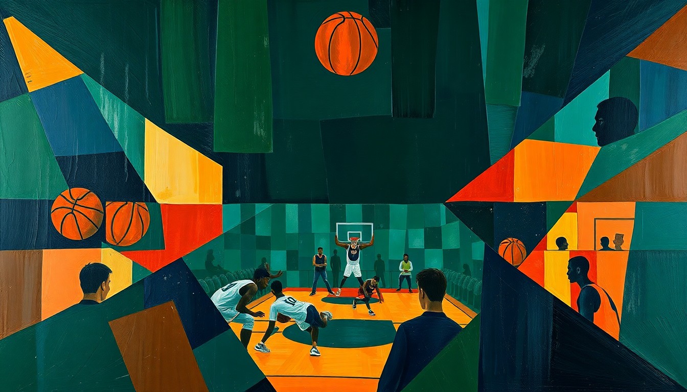 A cubist, geometric painting depicting a fragmented basketball court scene with overlapping planes of color, representing the uncertainty surrounding Doc Rivers' future with the Milwaukee Bucks.