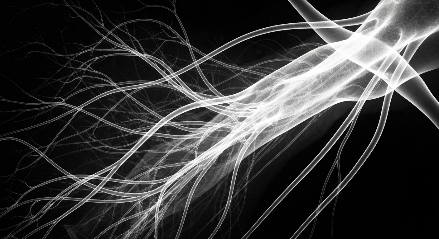 A ghostly, translucent X-ray image revealing the intricate internal structure of the trigeminal nerve, with its delicate fibers and branching pathways glowing against a dark background, conceptually representing the biological connection between these two distinct neurological pain disorders.