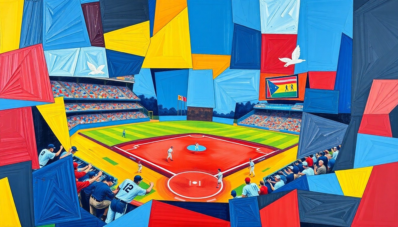 A fragmented, geometric painting depicting a high school baseball game, with players and the field broken down into overlapping planes of bright blue, red, and yellow.
