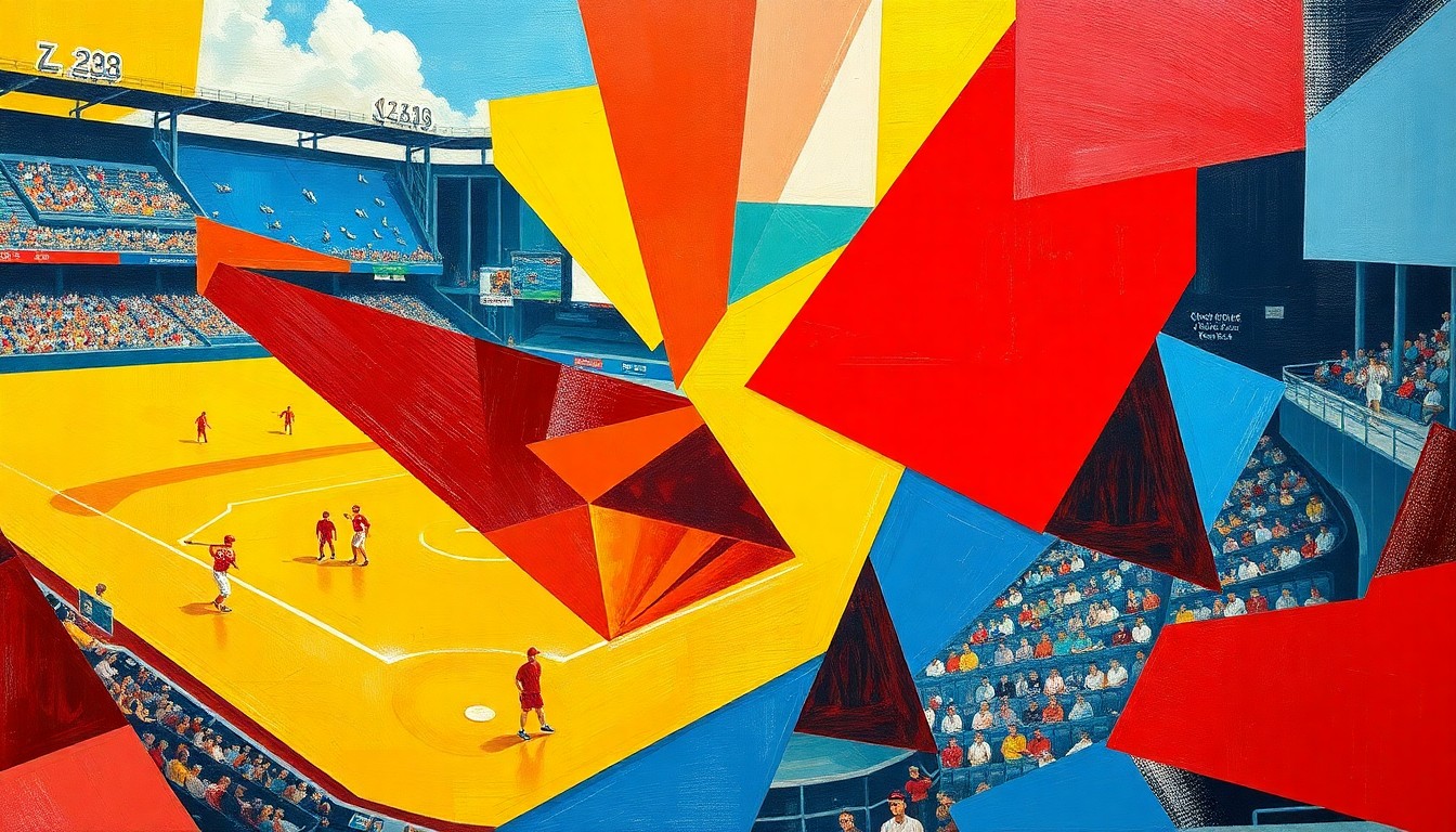 A cubist-style painting featuring fragmented, geometric shapes in red, blue, and yellow, conceptually representing the back-and-forth action and tension of a baseball game between the Cardinals and Nationals.